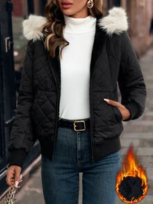 SHEIN Clasi Hooded Padded Fleece Lined Padded Coat, Comfortable And Warm, Winter Coat - Black - View 1