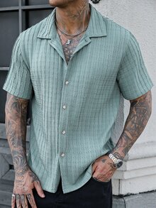 Manfinity Homme 男士純色棕色單排扣休閒短袖襯衫 - 藍色 - 查看 4