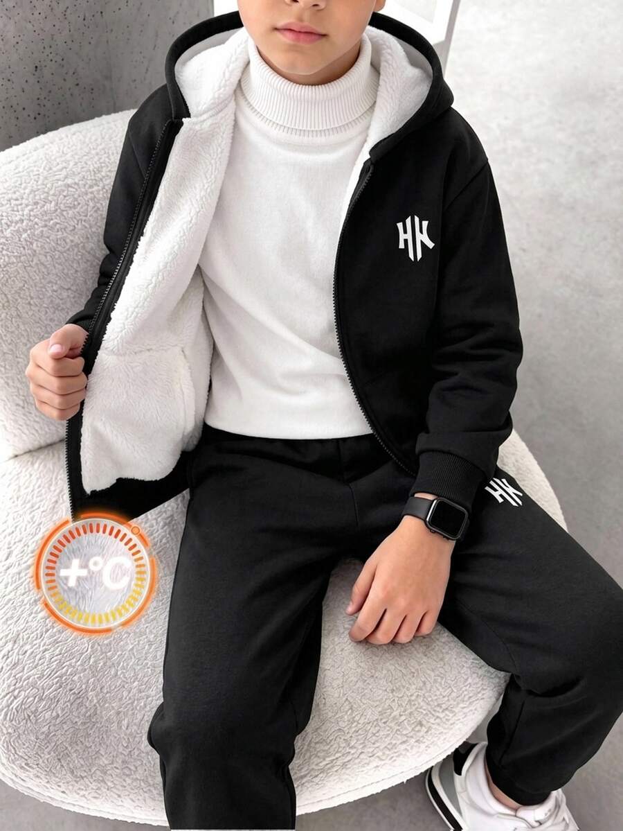 SHEIN 兒童青少年男孩休閒運動保暖內裡加厚連帽開襟運動衫與運動長褲套裝,適合秋冬、學校、居家、度假、派對,秋季穿搭,冬季穿搭,男孩套裝,兒童套裝 - 黑色 - 查看 1
