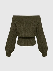 ROMWE Spring Casual Romantic Thick Knit Z-Pattern Deep Floral Gray Off-Shoulder Lantern Sleeve Pullover Sweater - Army Green - View 6