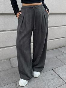 Dazy Plus Striped Loose Straight Leg Drawstring Decor Long Casual Business Plus Size Women's Suit Pants - Grey - View 5