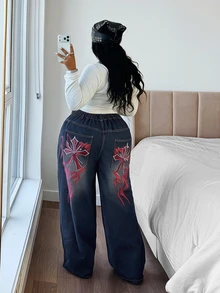 Jeanoix Y2K Plus Size Outdoor Fashion Street Style Flame Pattern Cross Embroidery Blue Denim Wide Leg Pants - Dark Wash - View 3