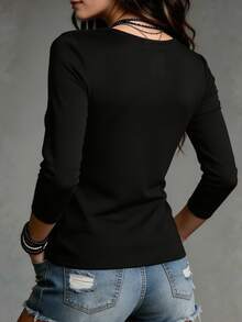 SHEIN Tall Fashion Women's V-Neck Sheer Mesh Patchwork Long Sleeve Black Fitted Top - Black - View 2