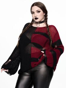 ROMWE Grunge Punk Halloween Dark Street Style Plus Size Women's Sweater, Yin Yang Color Block Distressed Design Loose Round Neck Knit Pullover - Multicolor - View 4