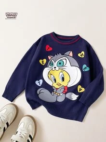 SHEIN X Care Bears 女童卡通圖案休閒日常長袖針織衫 - 寶藍色 - 查看 6
