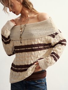 Bohemela Women's Striped Off-Shoulder Long Sleeve Cable Knit Fashion Sweater - Multicolor - View 3