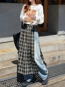 FRIFUL Women's Plaid Side Buckle Design Slit Skirt - Black - View 2