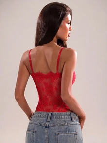 SHEIN BAE 女款黑色蕾絲飾邊性感百搭透視連身衣，適合夏季度假、情人節嘉年華派對，優雅迷人 - 紅色 - 查看 2