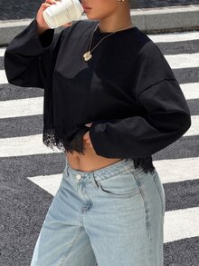 GalTyme Plus Size Women's Solid Color Round Neck Drop Shoulder Long Sleeve Lace Hem T-Shirt - Black - View 6
