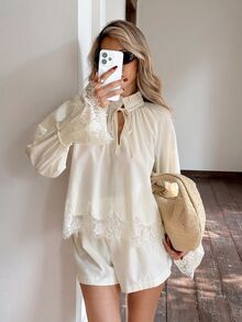 Serisse Women's Solid Color Ruffle Collar Tie Neck Contrast Lace Bell Sleeve Blouse And Shorts Elegant 2 Pieces Set - Multicolor - View 1