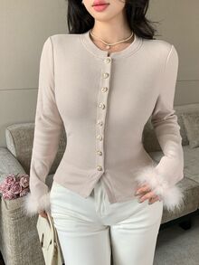 Feyla Women's Solid Color Single-Breasted Patchwork Fur Long Sleeve Fitted T-Shirt - Grey - View 5
