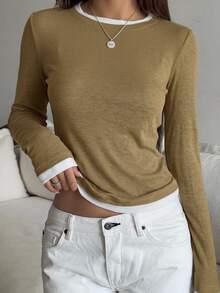 DAZY Women's Patchwork Colorblock 2 In 1 Crew Neck Long Sleeve Casual Streetwear Vacation Spring Autumn Base Layer T-Shirt - Brown - View 4