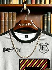 Manfinity HARRY POTTER X SHEIN 男士角色與數字圖案印花T恤，對比色圓領短袖上衣，適合休閒日常穿著、街頭風與校園穿搭 - 彩色 - 查看 3