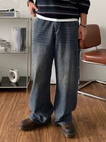 DAZY Spring/Autumn Blue Washed Distressed Workwear Style Men's Jeans - Blue - View 4