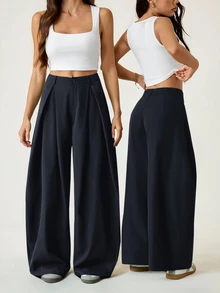 SHEIN PETITE 女款復古休閒寬鬆軍綠色圓弧下擺棉質長褲，舒適，適合嬌小女性 - 藏蓝色 - 查看 2