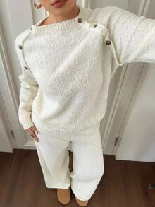Dazy Plus Plus Size Women Solid Color Long Sleeve Top And Pants Knit 2 Pieces Set - White - View 6