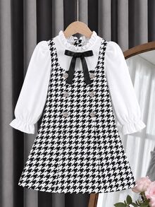 Elladie kids Young Girls Houndstooth Mock Neck Bow Decor Fake Two Pieces Patchwork Elegant Autumn Princess Dress - Black - View 4
