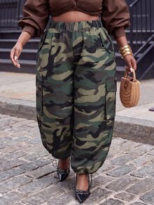 Slaydiva Plus Size Camo Print Cargo Pants, High Waist Multi Pocket Baggy Wide Leg Streetwear Trousers - Green - View 9