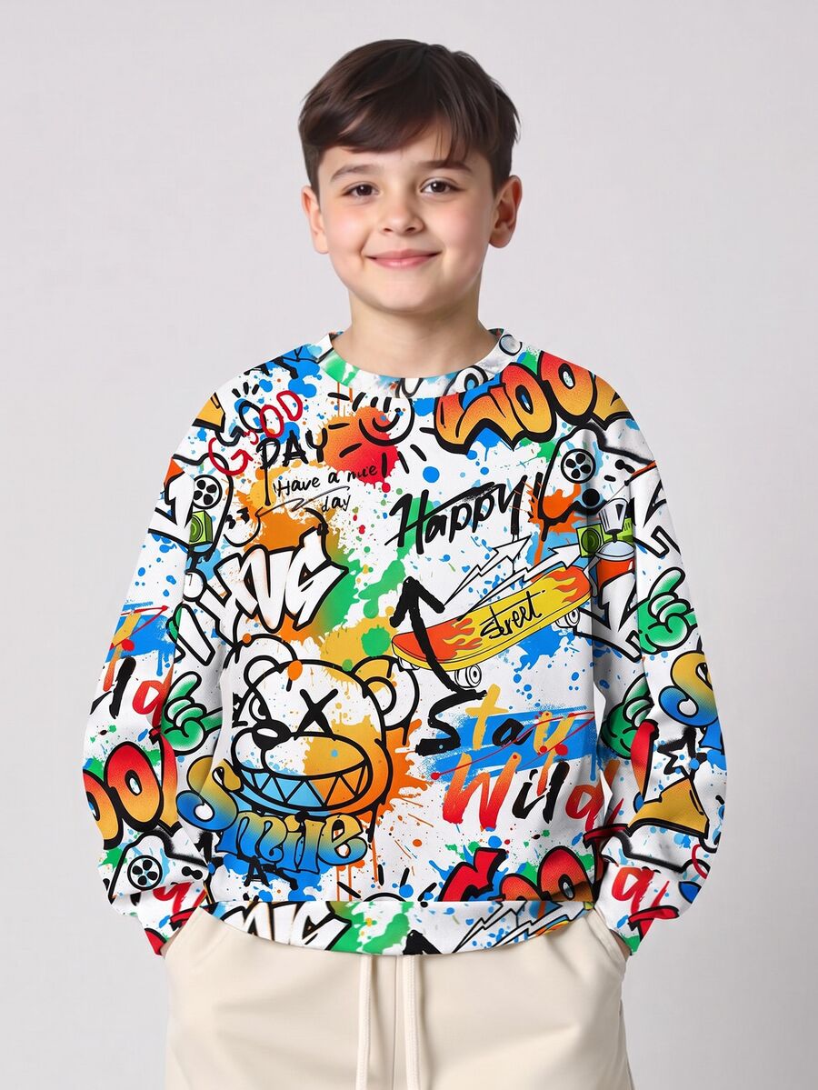 Tween Boy Casual Fashion Crew Neck Long Sleeve Sweatshirt, Suitable For Autumn/Winter, Classic Cool Graffiti Print, Classic Bear Print, Suitable For Street Style - Multicolor - View 1