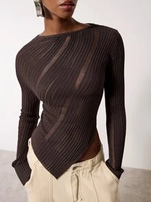 MERLEAU Women's Modern Distressed Design Brown Knit Top, Asymmetrical Hemline - Brown - View 1