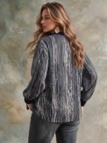 Ceyna Plus Size Women Black & White Striped Colorblock V-Neck Loose Long Sleeve Shirt - Black - View 2