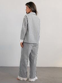 Livesso Women's Button Striped Top And Lace Patchwork Long Pants Pajama Set - Green - View 2