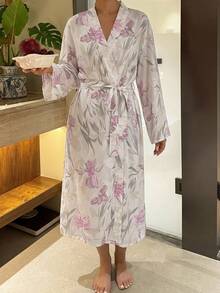 DAZY 2pcs Floral Print Sleeveless Camisole Dress & Long Cardigan Robe Women's Pajama Set - White - View 5