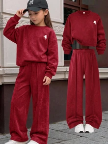 SHEIN Tween Girl Sweatshirt Set, Vintage Distressed Print 2 Pieces Set, Crew Neck Long Sleeve Pony Print Cropped Sweatshirt & Loose Long Pants Casual Outfit - Red - View 2