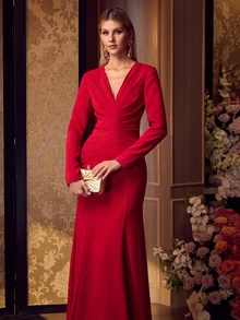 MOTF Soiréza WOMEN'S SOLID COLOR V-NECK PLEATED ELEGANT WAIST-CINCHING COCKTAIL PARTY DRESS - Red - View 6