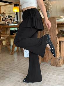Dazy Plus Korean Style Solid Color Casual Long Pants With Ruffle Trim 2 In 1 Design For Girls - Black - View 4
