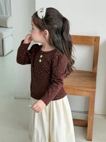 DAZY Atasan Kasual Lengan Panjang Berkerah Bulat Motif Bunga Kecil untuk Bayi Perempuan - Coffee Brown - View 4