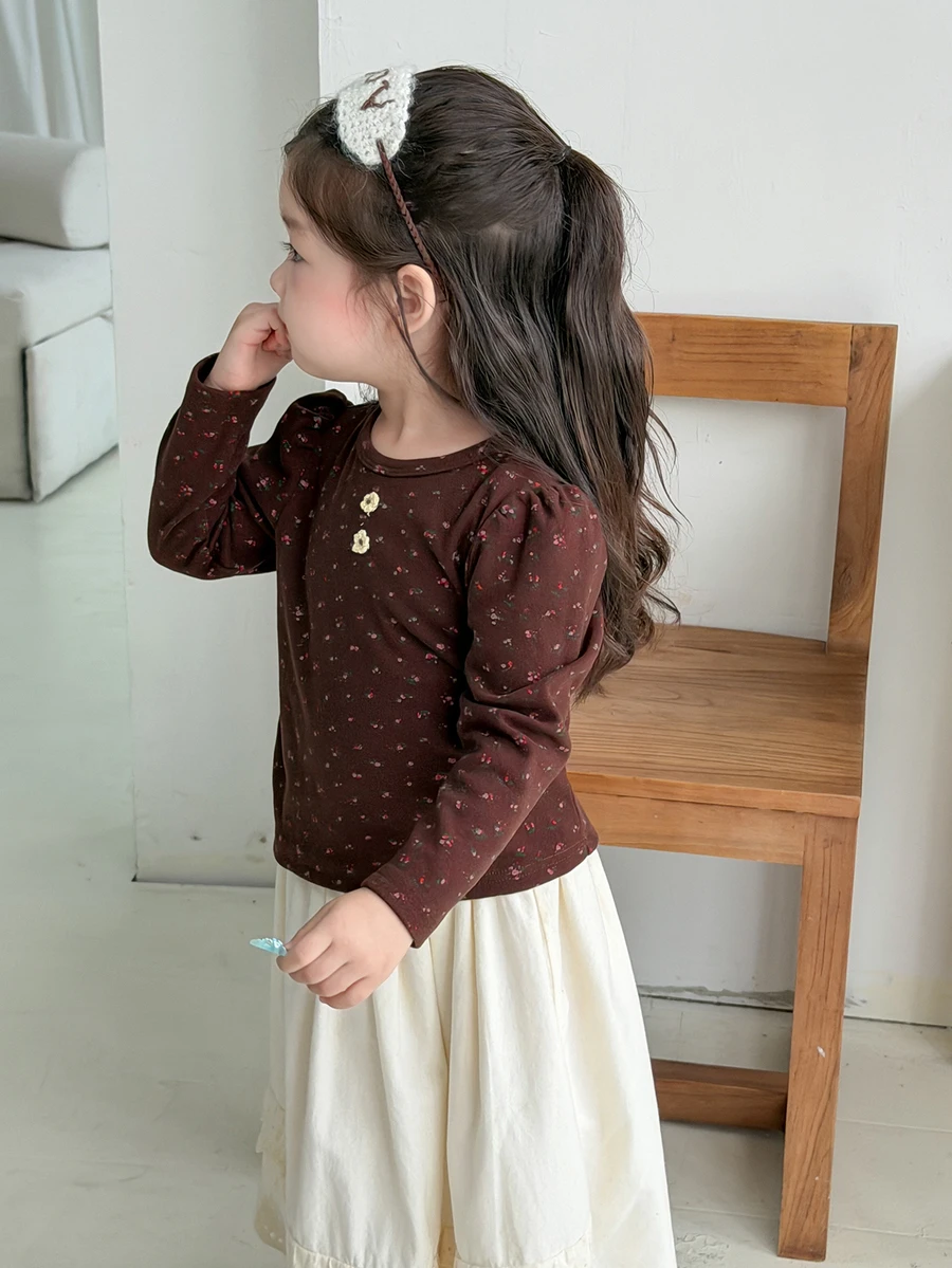 DAZY Baby Girl Ditsy Floral Round Neck Puff Long Sleeve Casual Top - Coffee Brown - View 1