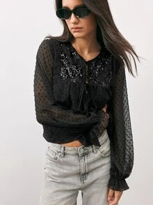 Maija Women's Patchwork Sequin Front Tie Polka Dot Mesh Fashion Blouse - Black - View 1