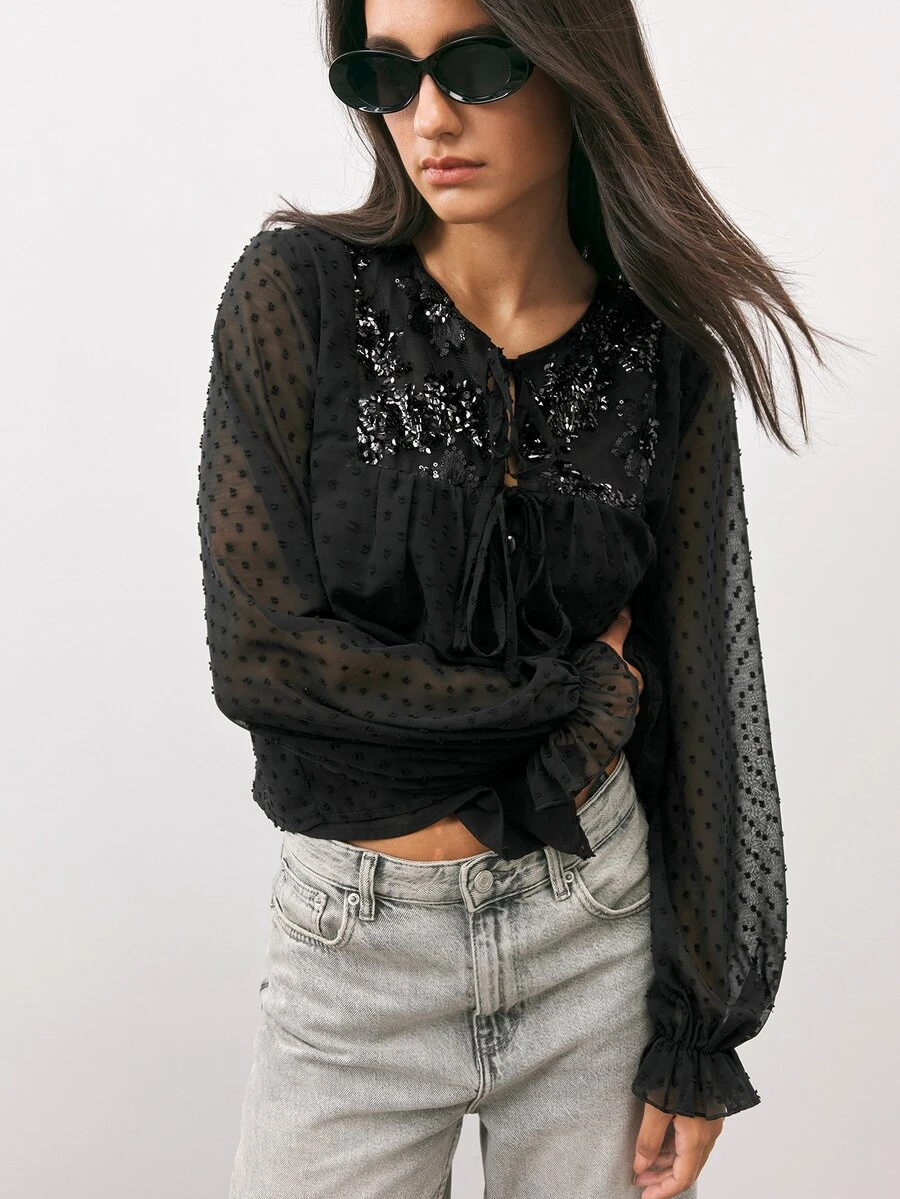 Maija Women's Patchwork Sequin Front Tie Polka Dot Mesh Fashion Blouse - Black - View 1