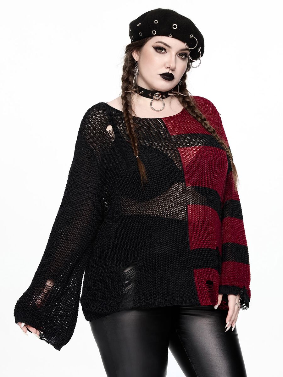 ROMWE Grunge Punk Halloween Dark Street Style Plus Size Women's Sweater, Yin Yang Color Block Distressed Design Loose Round Neck Knit Pullover - Multicolor - View 1