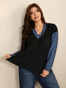 Edennvi Plus Size Women's Spring/Autumn V-Neck Denim Patchwork Ribbed Knit Long Sleeve Top, Loose Fit, Flattering, Casual Colorblock Pullover Blouse - Multicolor - View 1