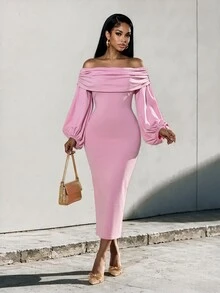 Eryvara Women's Solid Color Ruched Cold Shoulder Lantern Sleeve Fitted Dress, Pink, Elegant Autumn Evening Wear - Pink - View 3