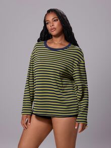 Rustia Plus Size Autumn/Winter Striped Casual Flare Sleeve T-Shirt - Multicolor - View 5