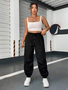 POPSWAY Plus Size Casual Solid Color Elastic Waist & Drawstring Cuffed Cargo Pants Fall Cloth For Women - Black - View 5