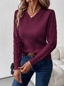 SHEIN Clasi 女款V領長袖針織衫，秋冬長袖上衣 - 中紫紅色 - 查看 3