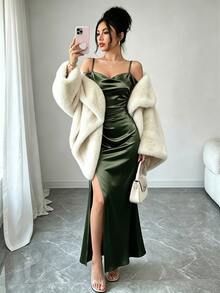 Elenzga Women's Summer Elegant Solid Color Off-Shoulder Spaghetti Strap High Slit Dress - Dark Green - View 3