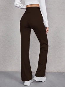 SHEIN EZwear 女款純色高腰休閒百搭長褲 - 棕色 - 查看 2