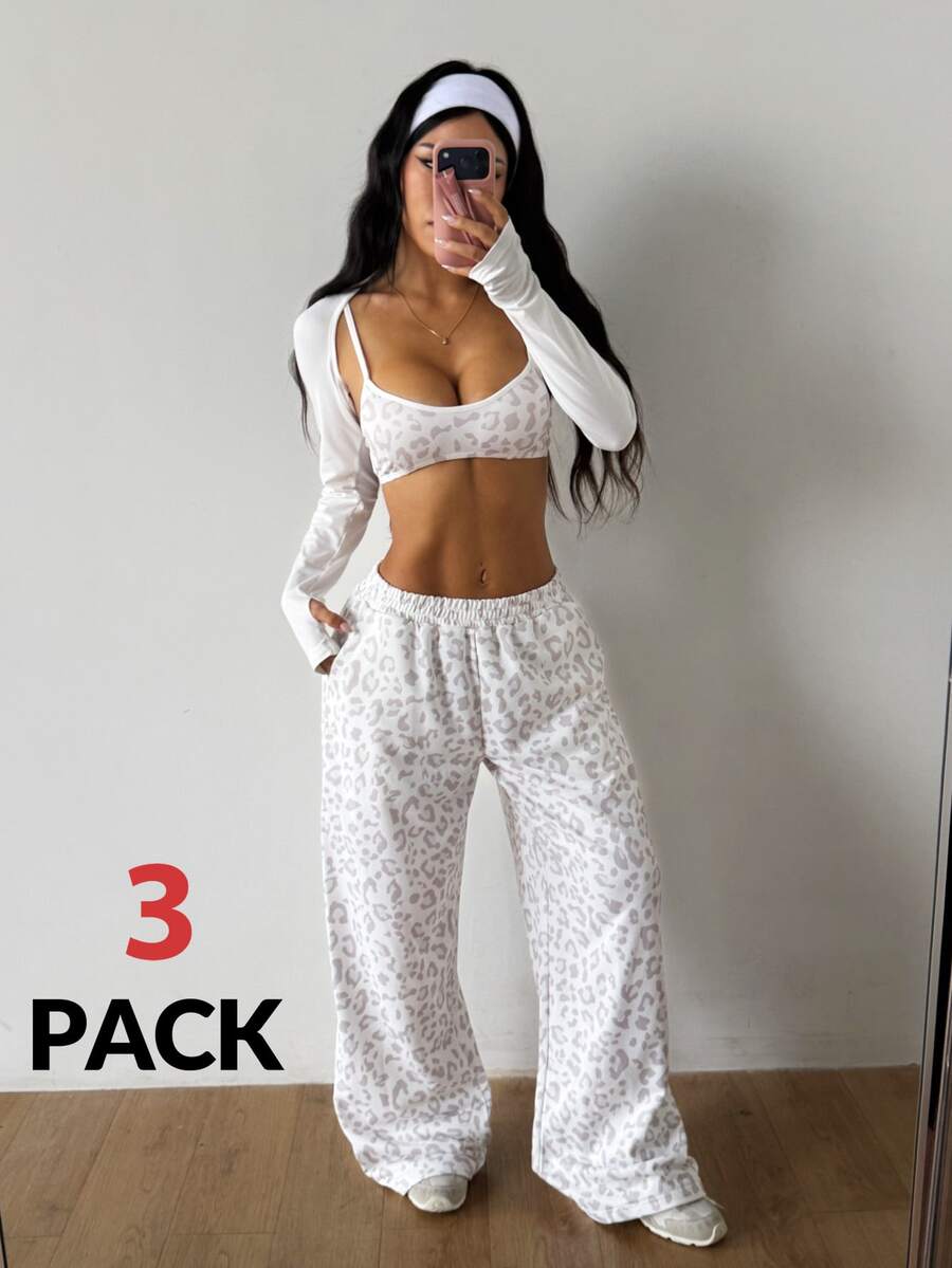 Coolane Women's Fall Sport Streetwear Going Out Gym Tank Tops And Pant And Long Sleeve Cover Up Leopard 3pcs - Multicolor - View 1