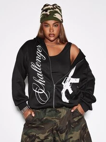 ROMWE Grunge Punk Plus Size Women's Letter Print Long Sleeve Zip-Up Hooded Sweatshirt - Black - View 1