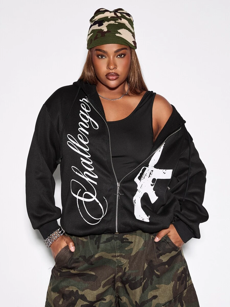 ROMWE Grunge Punk Plus Size Women's Letter Print Long Sleeve Zip-Up Hooded Sweatshirt - Black - View 1