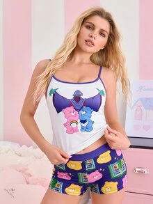 SHEIN X Care Bears Women's Cartoon Pattern Camisole Top And Shorts Casual Daily Home Sleepwear Set - Purple - View 5