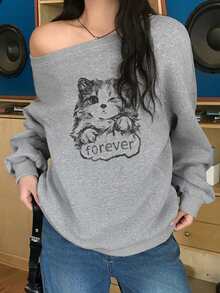 DAZY Grey Crew Neck Cat & Letter Print Loose Drop Shoulder Long Sleeve Casual Versatile Asymmetrical Pullover Sweatshirt Hoodies - Light Grey - View 4