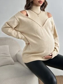 SHEIN 孕婦純色鏤空肩長袖休閒針織衫，秋冬款 - 杏色 - 查看 1