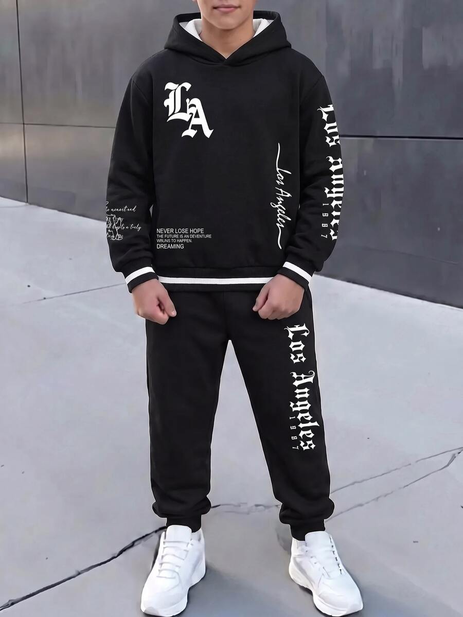 青少年男孩休閒極簡長袖連帽舒適衛衣2件套,適合秋冬,經典帥氣酷哥德文字圖案印花,帥氣街頭文化文字圖案印花,Y2K - 彩色 - 查看 1