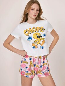 LOONEY TUNES X SHEIN Women's Letter Print Short Sleeve Top And Shorts Pajama Set LOONEY TUNES - Blue and White - View 4